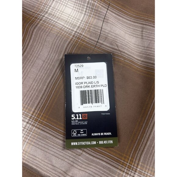 5.11 Tactical Igor Plaid Shirt Men's Medium Brown Long Sleeve Snap Button NEW - Picture 10 of 10